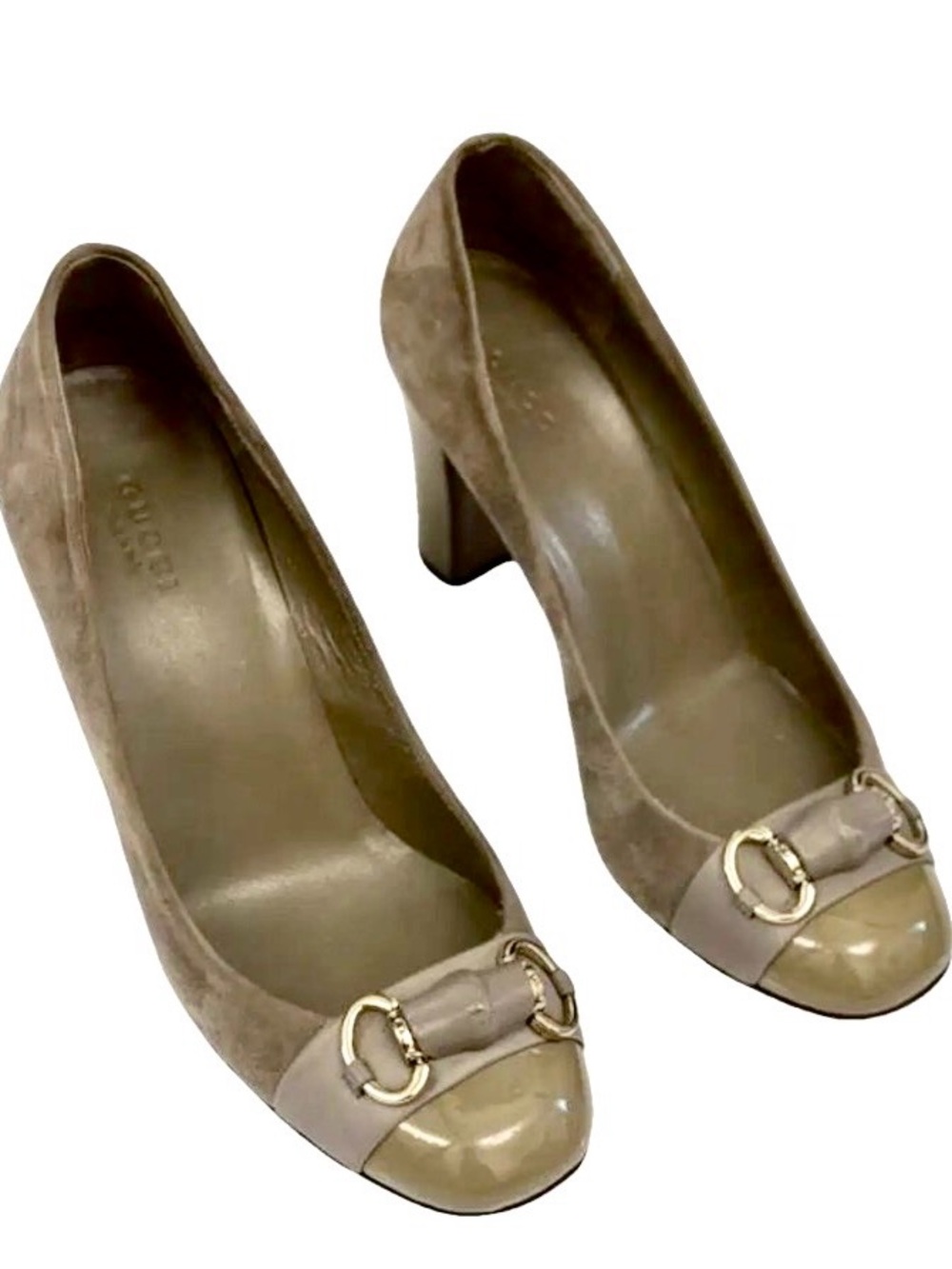 Gucci Beige Suede Pumps with Cream Patent Toe and Gold Hardware